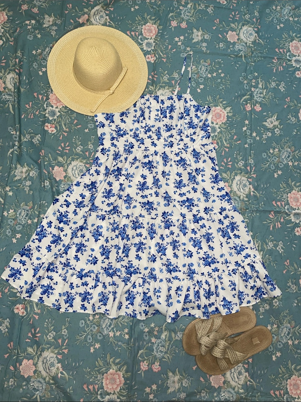 White & Blue Floral Spaghetti Strap Milkmaid Style Cottagecore Midi Dress XXL